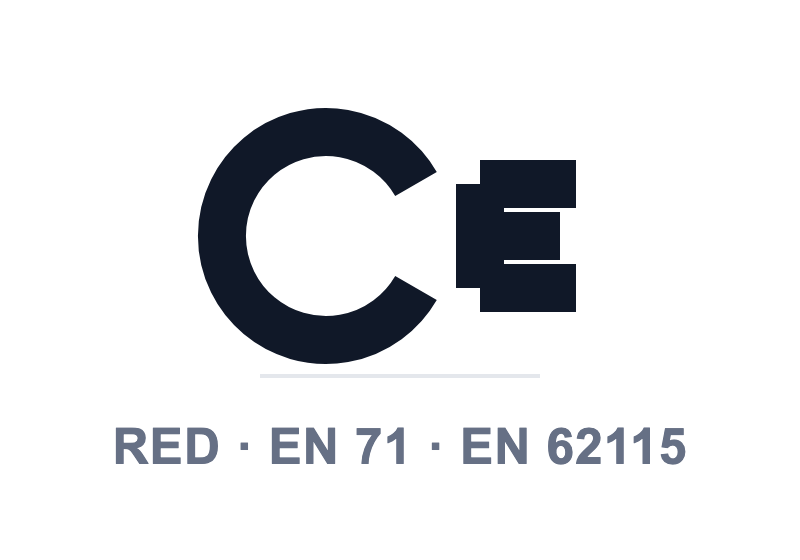 CE certification — RED, EN 71 and EN 62115 compliant