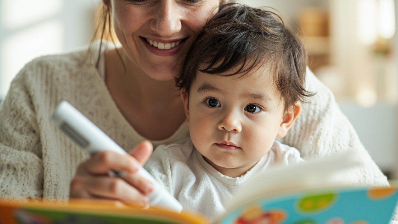 Parent and child reading together at home using a reading pen with bookmark tracking