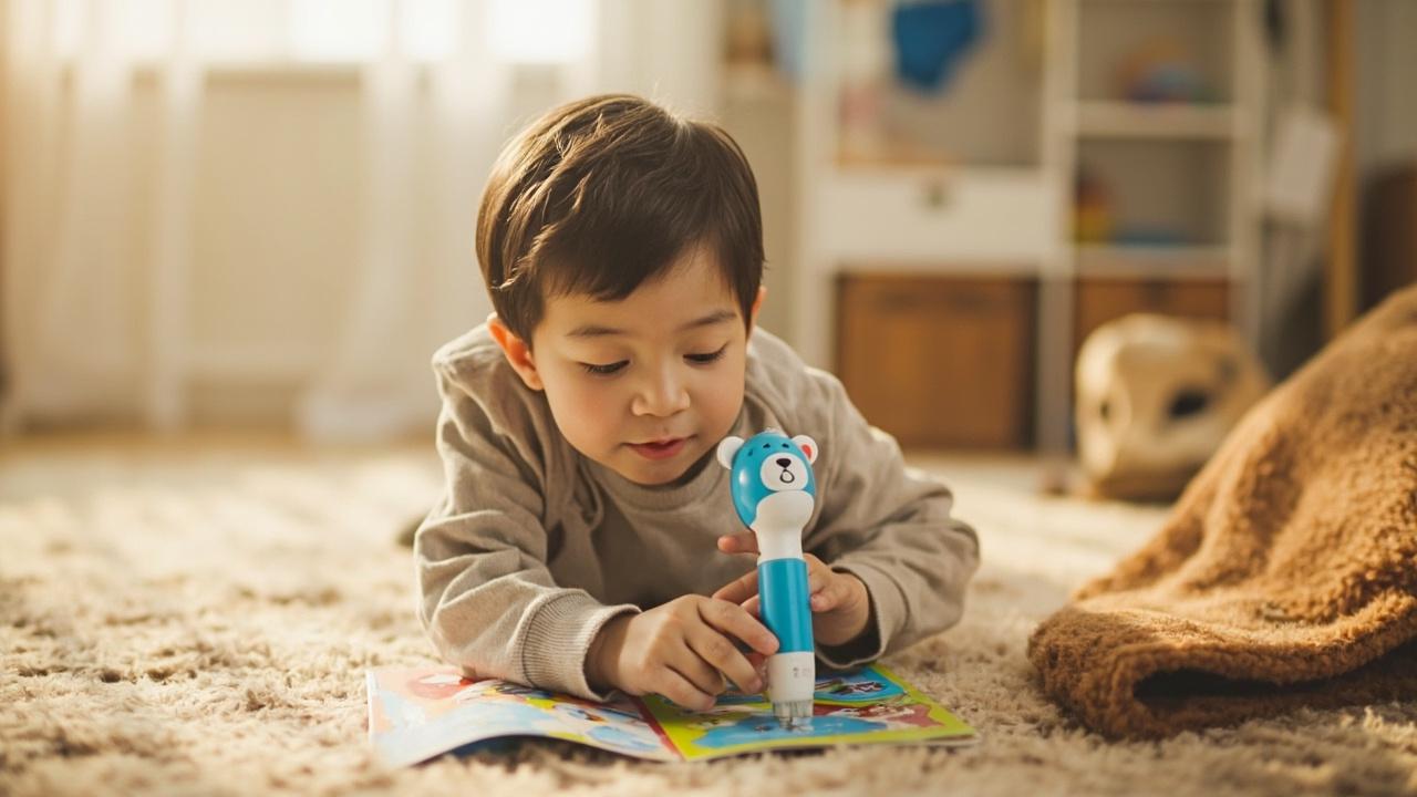 Preschool child using the B1 blue bear reading pen on a colorful picture book at home