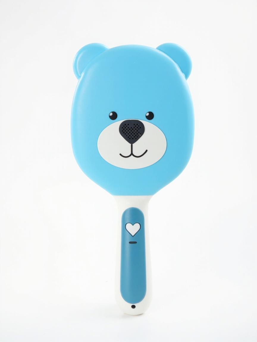 B1 cartoon bear OID reading pen, blue and white glossy housing, studio product photo