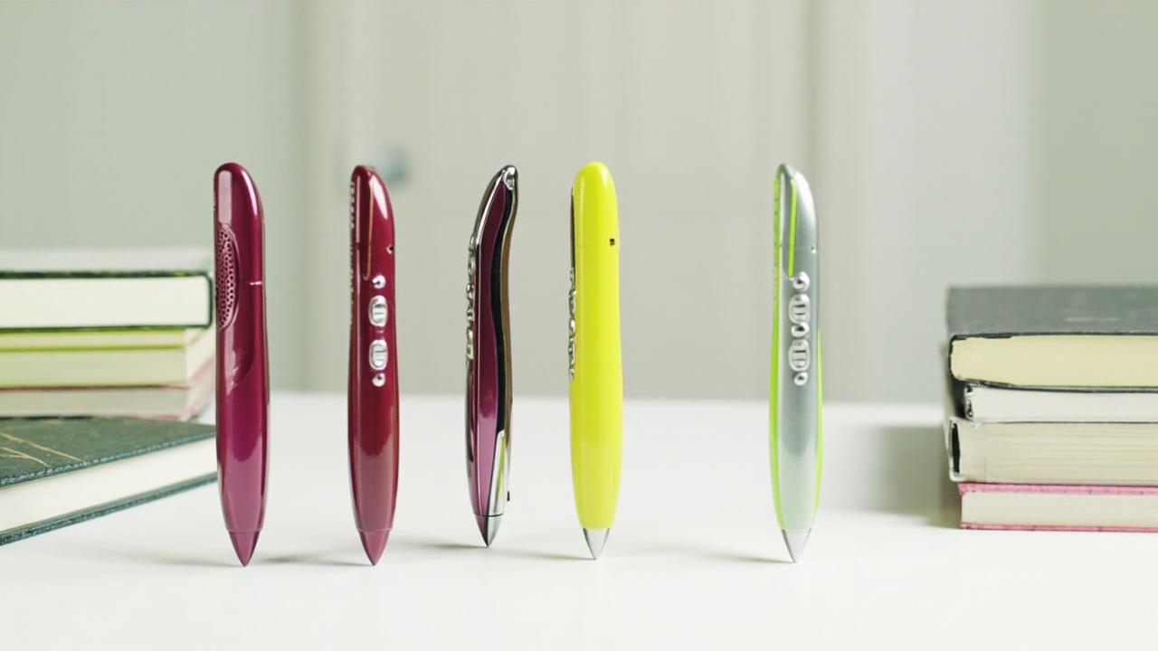 B2 reading pens in four color options standing with school workbooks on a white desk