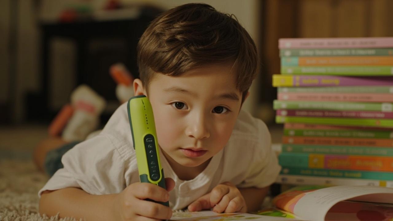 Child reading a colorful OID book series with the matte green K7 reading pen