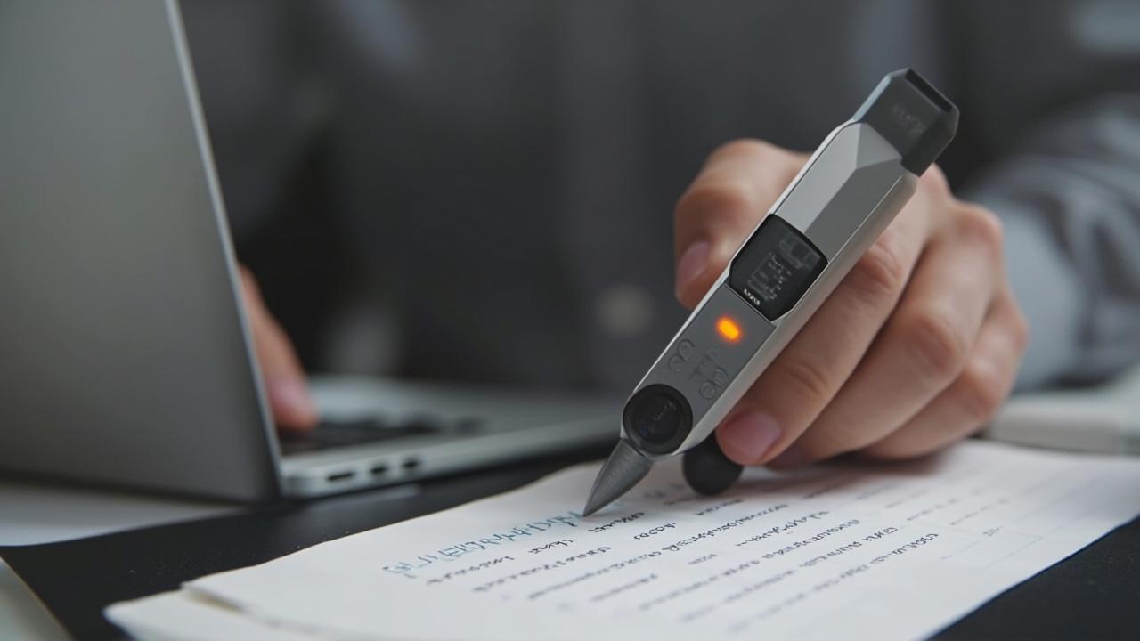 Professional adult learner using the dark gray KF1 reading pen on a business notebook at an office desk
