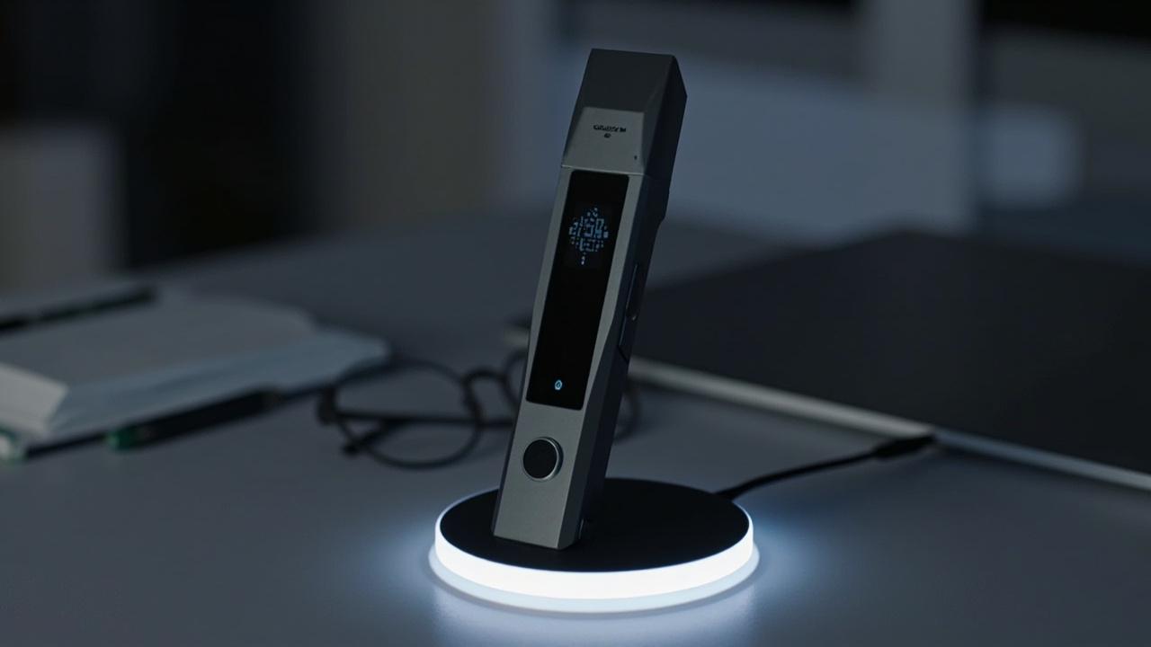 KF1 reading pen resting on a glowing wireless charging pad on a modern desk