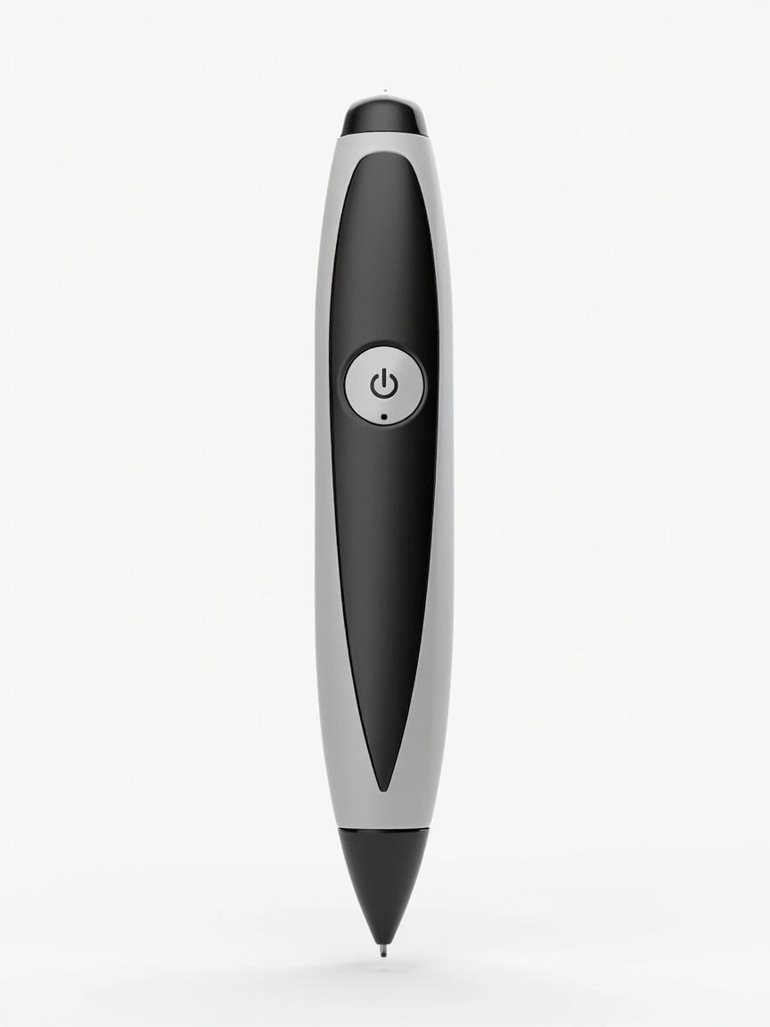 L5 OID reading pen, sleek black and white glossy housing with round control, studio product photo