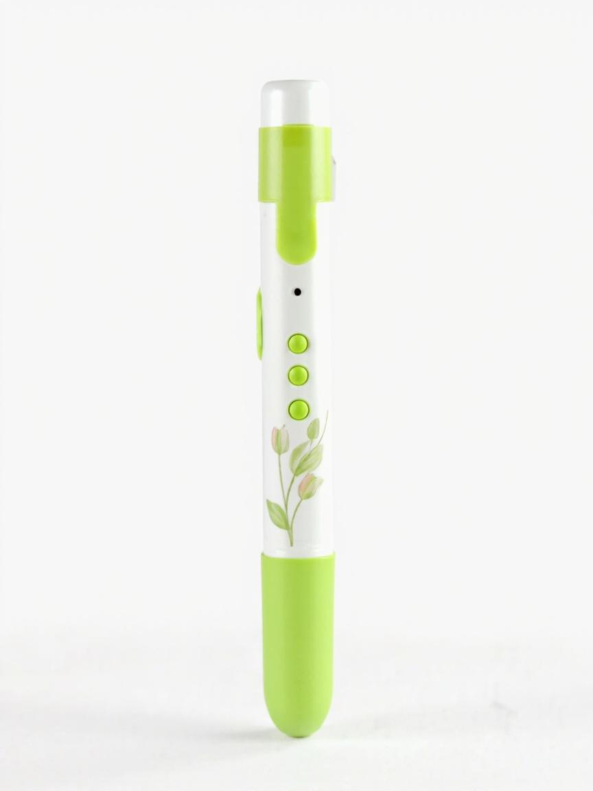 Q6 Tulip OID reading pen, slim white and green housing with leaf buttons, studio product photo