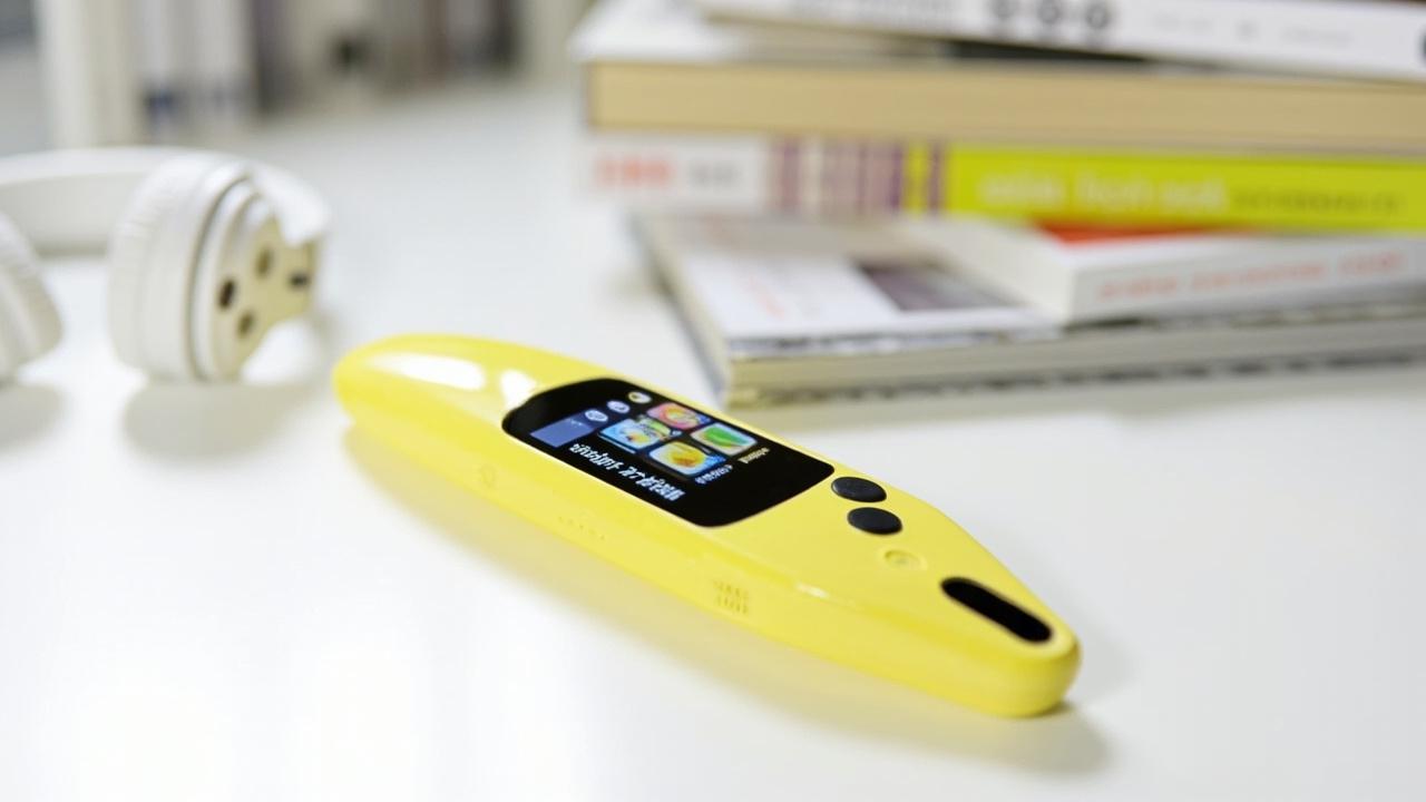 Q8 yellow reading pen with glowing color screen on a desk with headphones and multimedia OID books