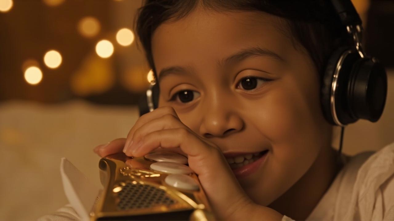 Child pressing buttons on the gold T2 reading pen while listening to an audio storybook