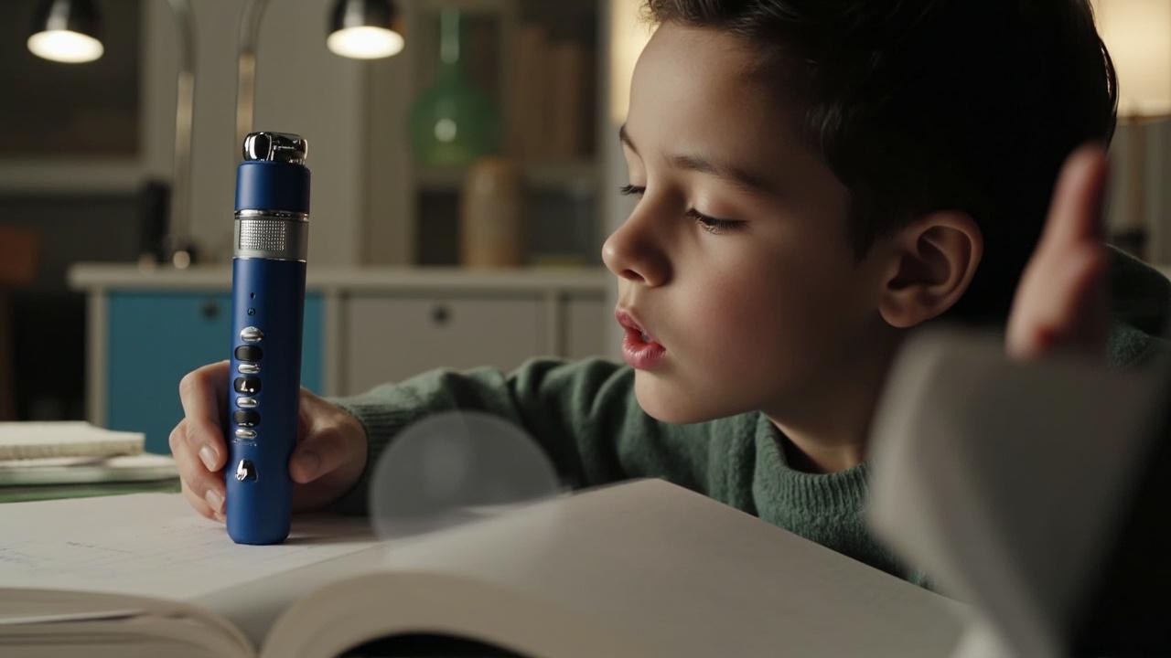 Older student studying with the blue Y6 reading pen and its LCD at a tidy desk