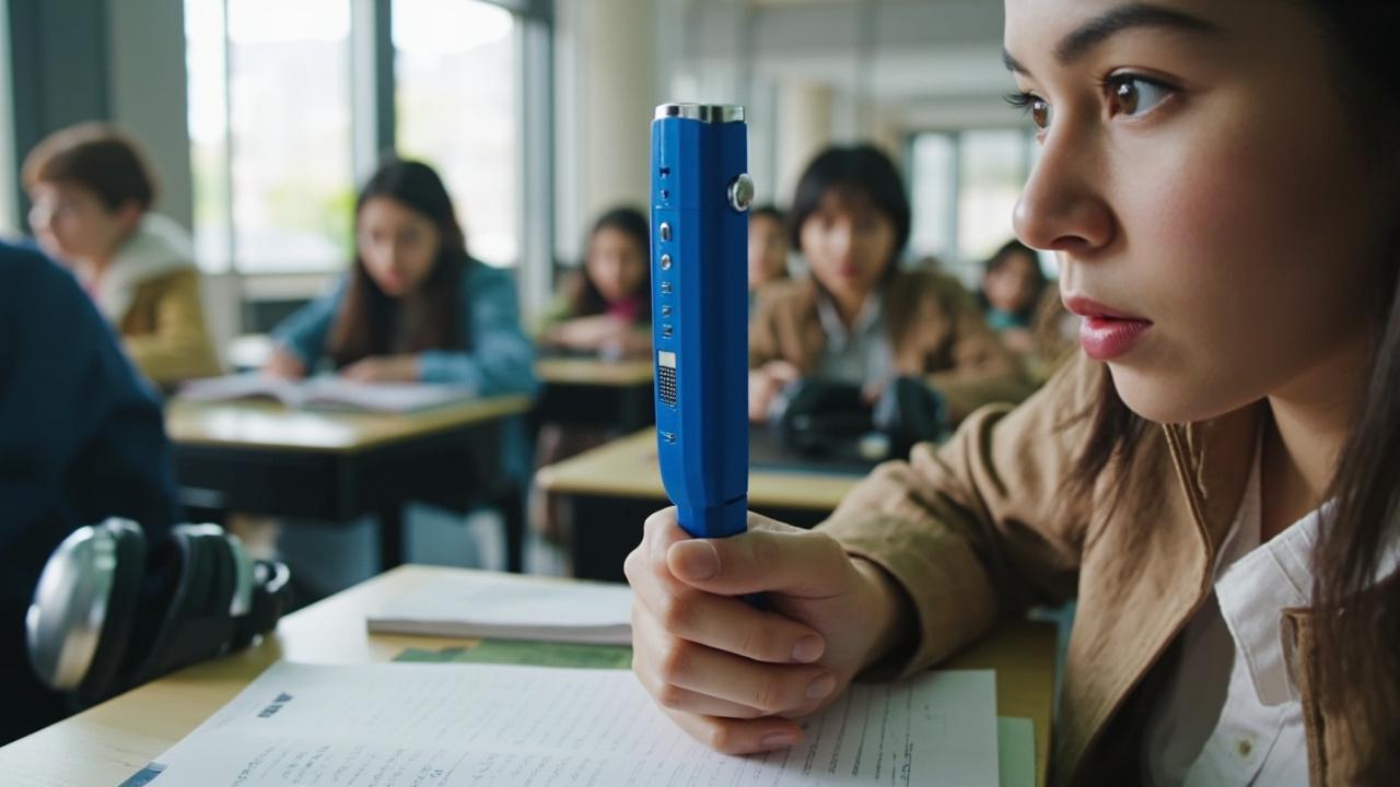 Students using blue Y6 reading pens with headphones in a modern language classroom